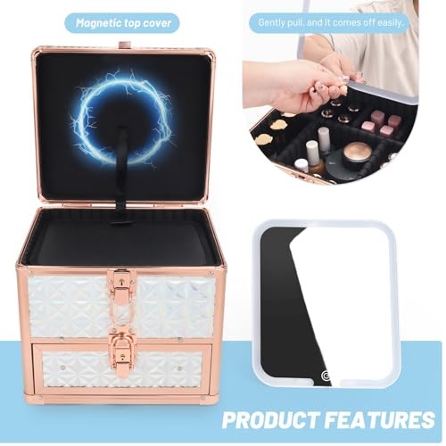 Makeup Case with Drawer, Detachable Lighted LED Mirror, Travel Sparkling White