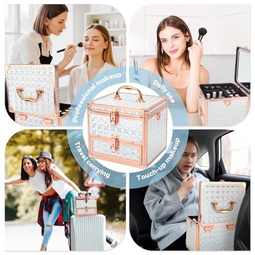 Makeup Case with Drawer, Detachable Lighted LED Mirror, Travel Sparkling White