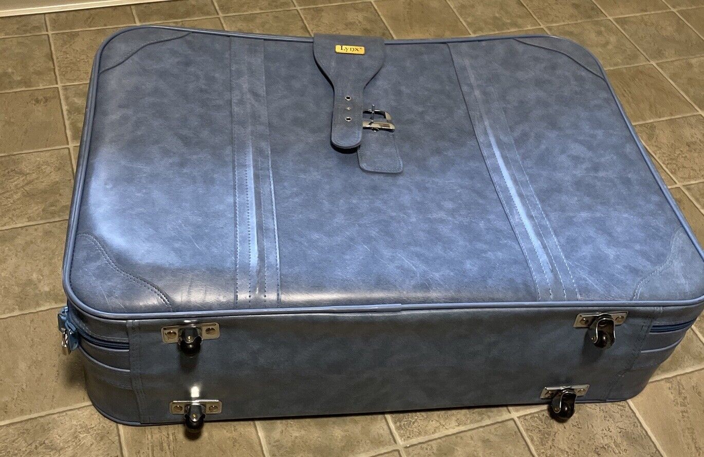 5 PCS Vintage LYNX Blue Vinyl SuitCase Luggage Set HTF W/ Lock & Key