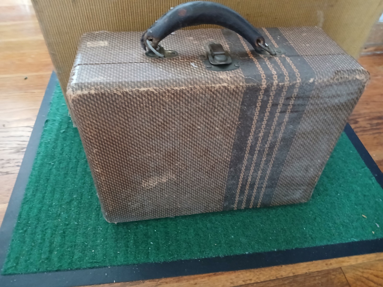 Vintage 1930s Tweed Canvas Suitcase and 1930S Striped Suitcase