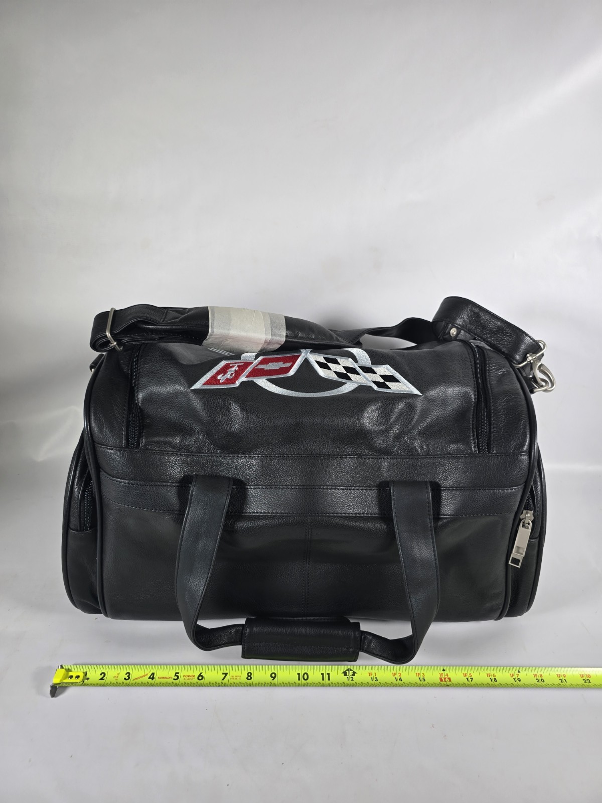 Corvette Vintage Black Leather Duffel Bag Red Logo, 20″ Travel Carry-On