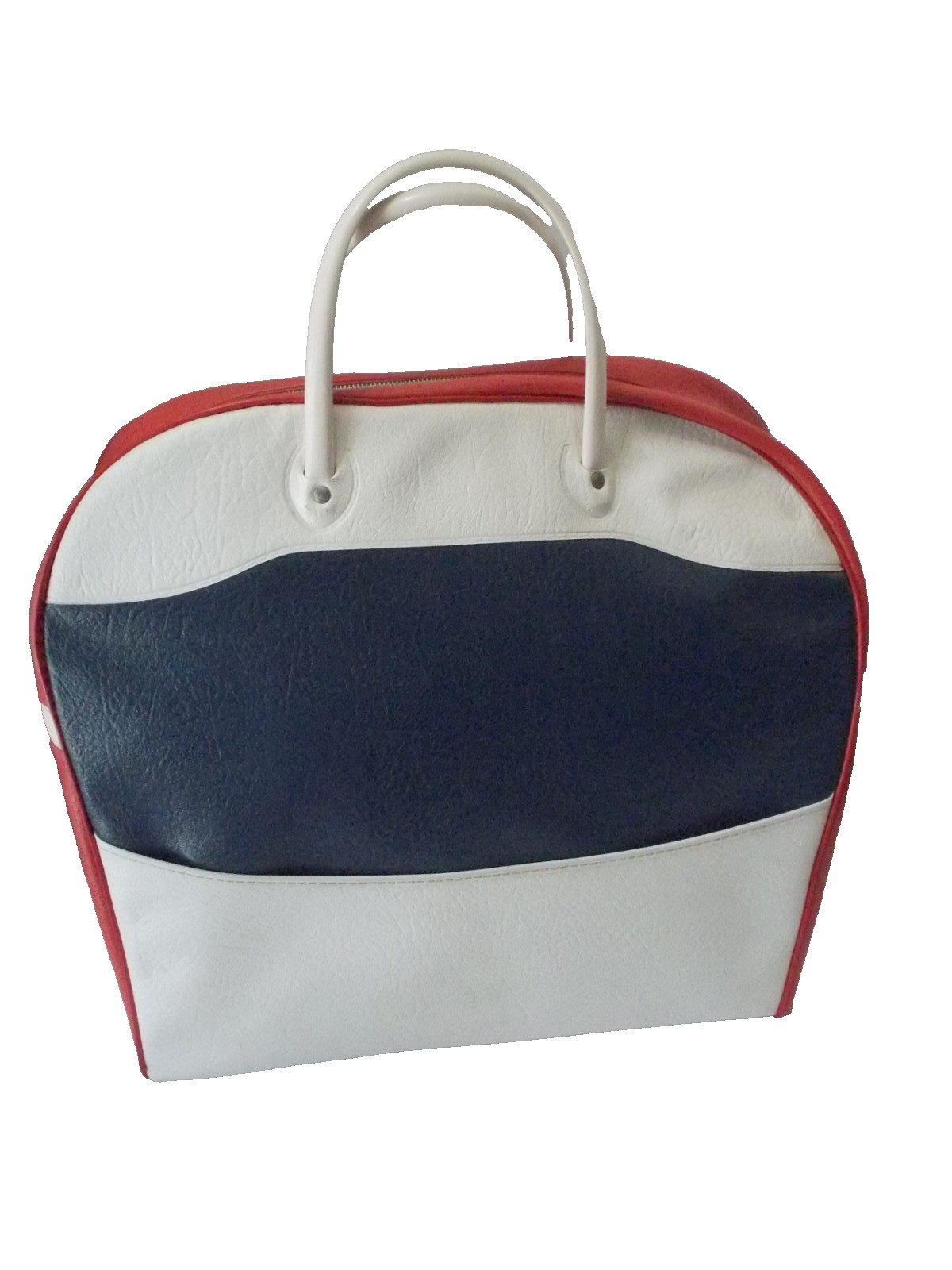 VTG 1960’s Red White Blue LARGE Faux Leather Zip Top Handle Travel Bag Luggage