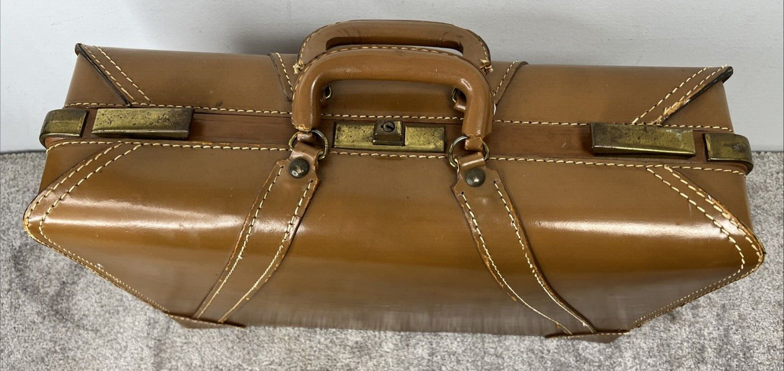 Vintage Top Grain Leather Cowhide Brown Luggage Suitcase NO Key Clean 21x14x6.5″