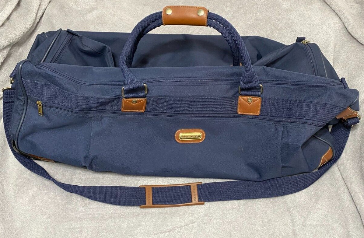 Vintage JcPenny Jaguar Suitcase Roller Luggage Bag Blue PolyesterTan Leather 26”