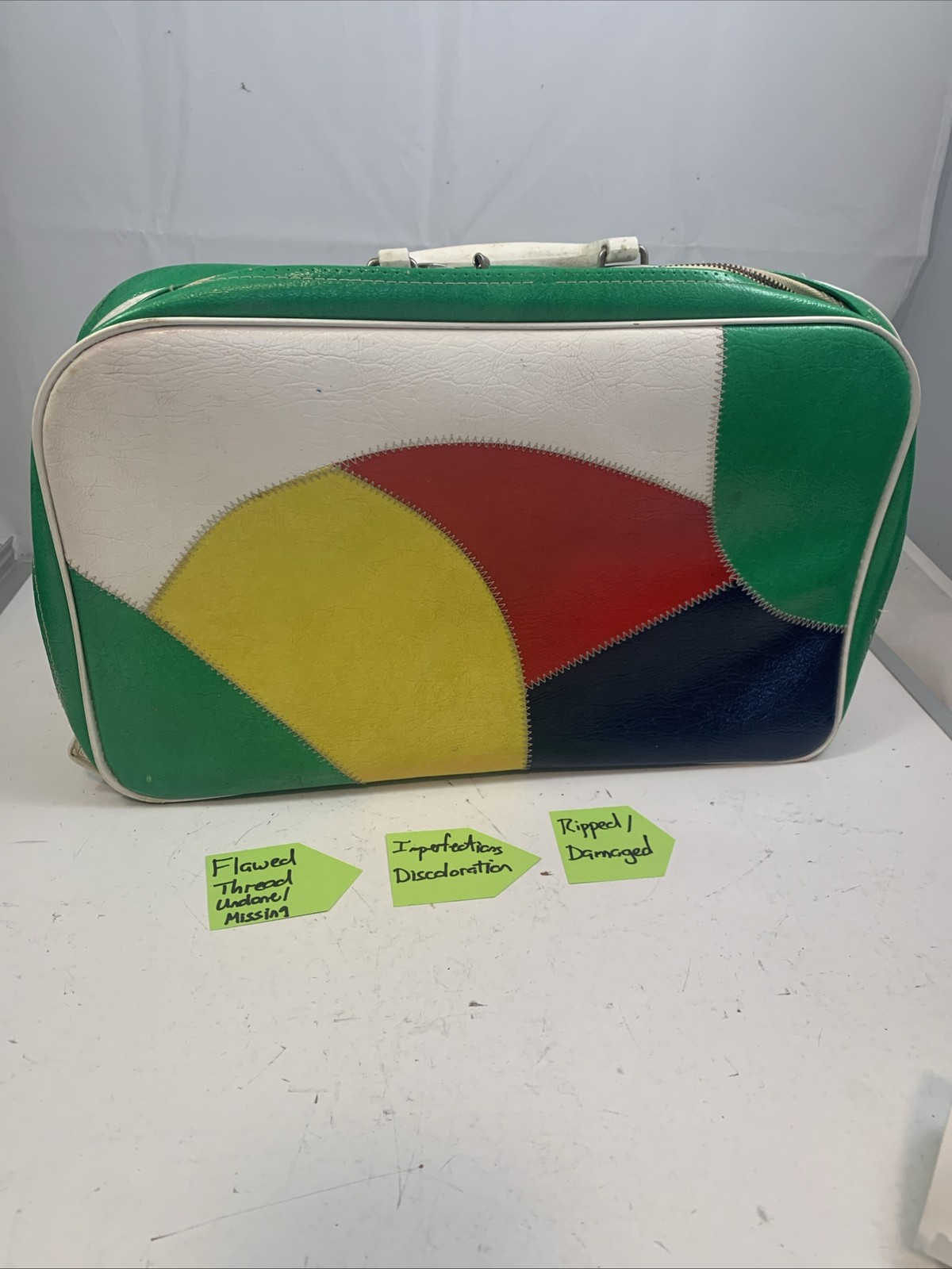 Japan Travelware Suitcase 1970’s multi-color green white yllw red with Flaws #BR