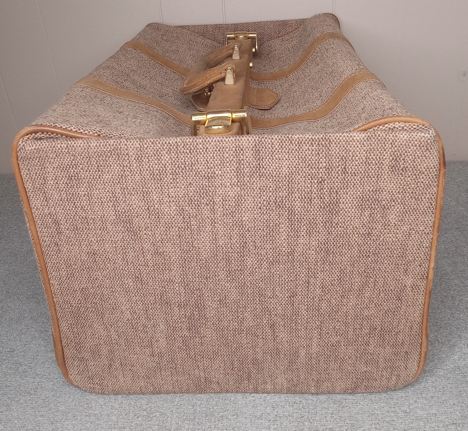 “French” America’s Finest Train Case Luggage Tweed Suede Brass Closure Made USA