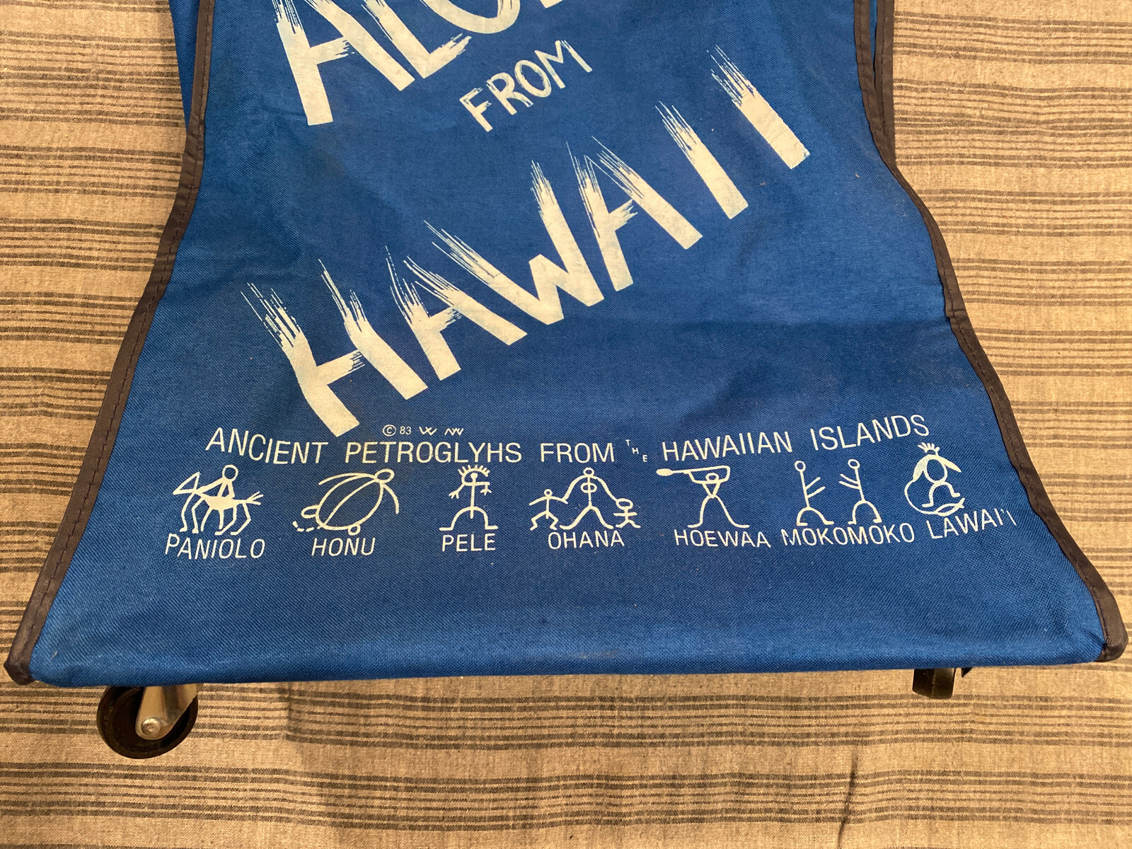 VTG 80s Hawaii Luggage Blue Aloha Roller Bag Ancient Petroglyhs 20x14x7 Tourist