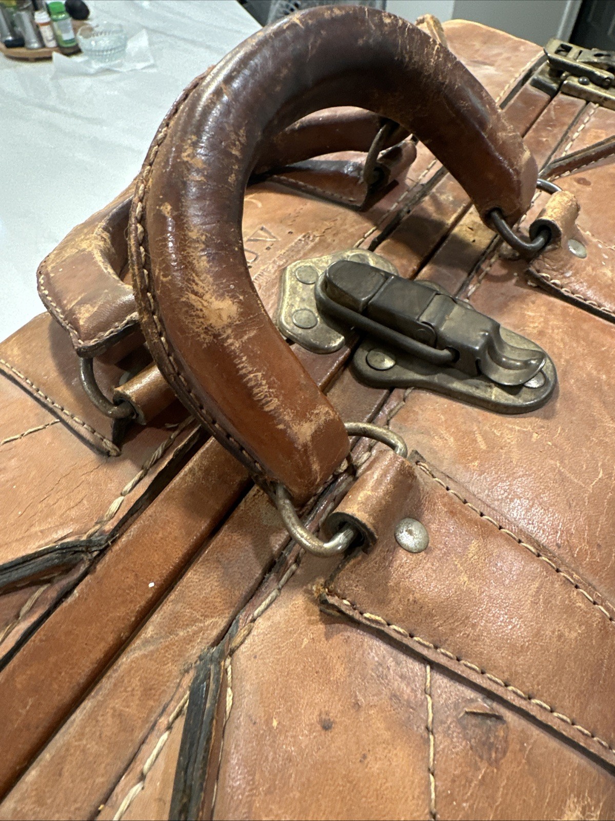 Vintage 1930s Leather Suitcase Valaise Decor Storage Dominican customs labels
