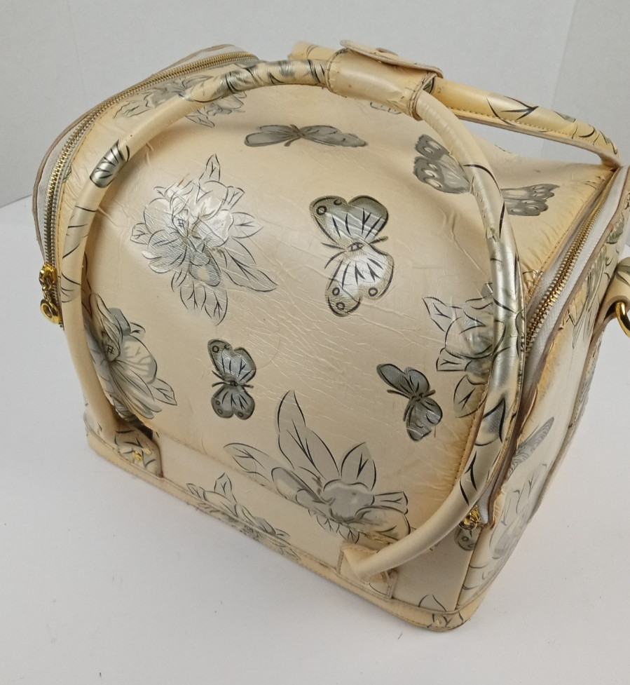 Vtg 1970s Travel Case Cosmetic Makeup Vanity Bag Vinyl Floral Butterfly *dirty