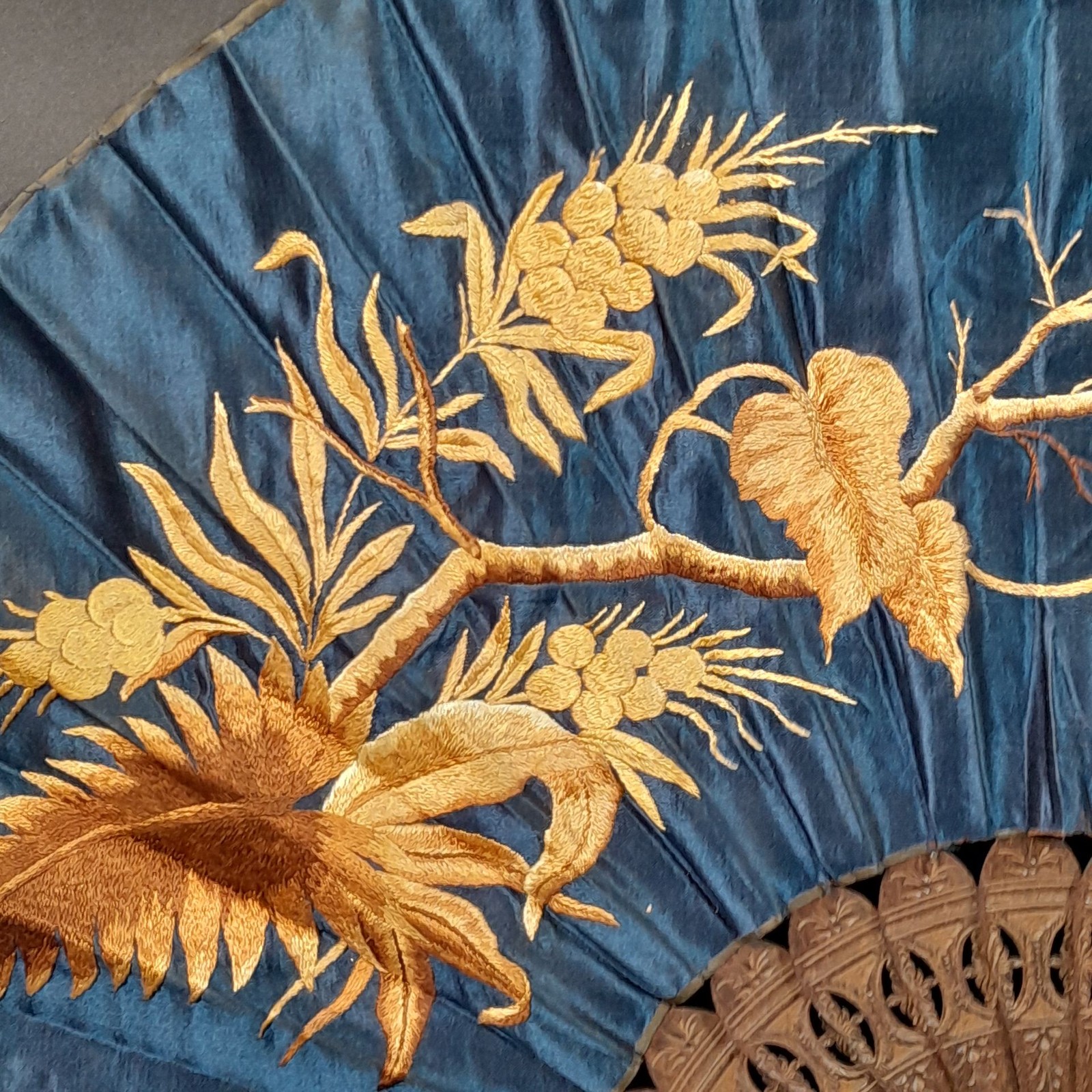 39. Antique Fan With Draft Wood Frame, Embroidered Velvet Country.