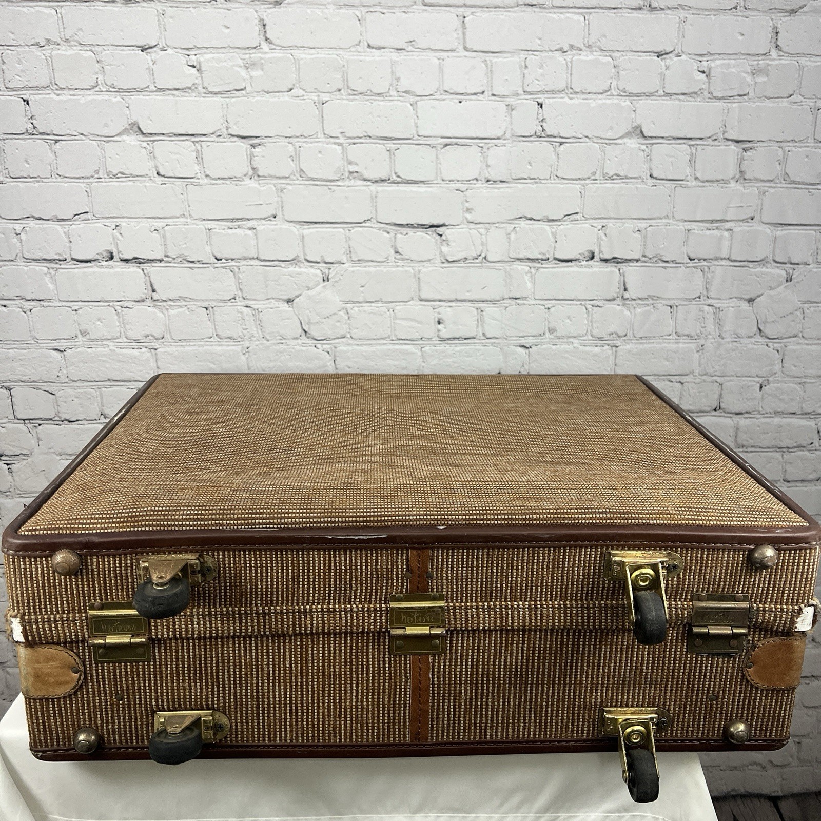 Vintage Hartmann Brown 2 Piece Suitcase Leather Tweed Wheeled Luggage Combo Lock