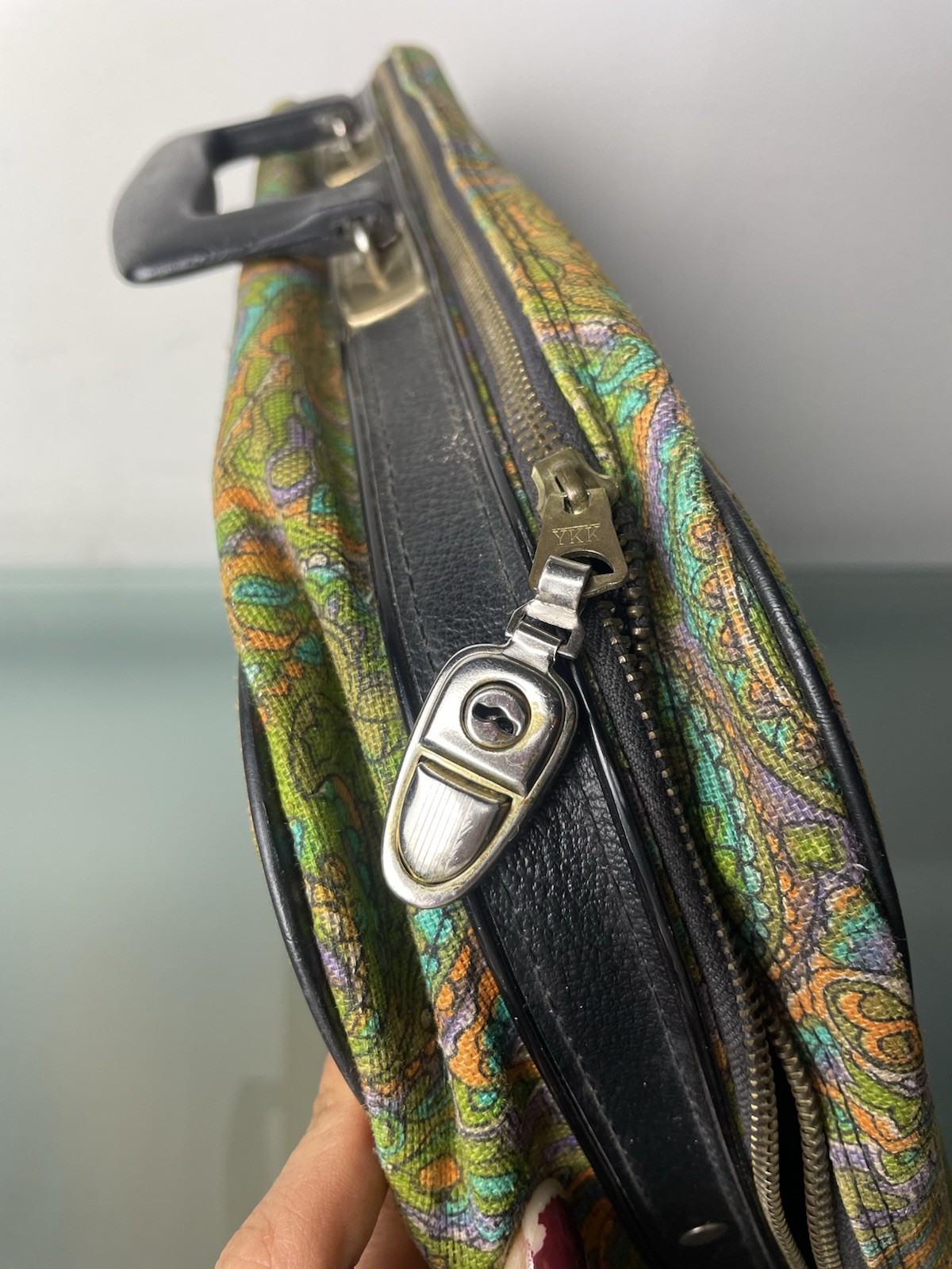Vtg 1960 Paisley Mod Travel Hand Luggage Briefcase Canvas Multicolor AOP Japan