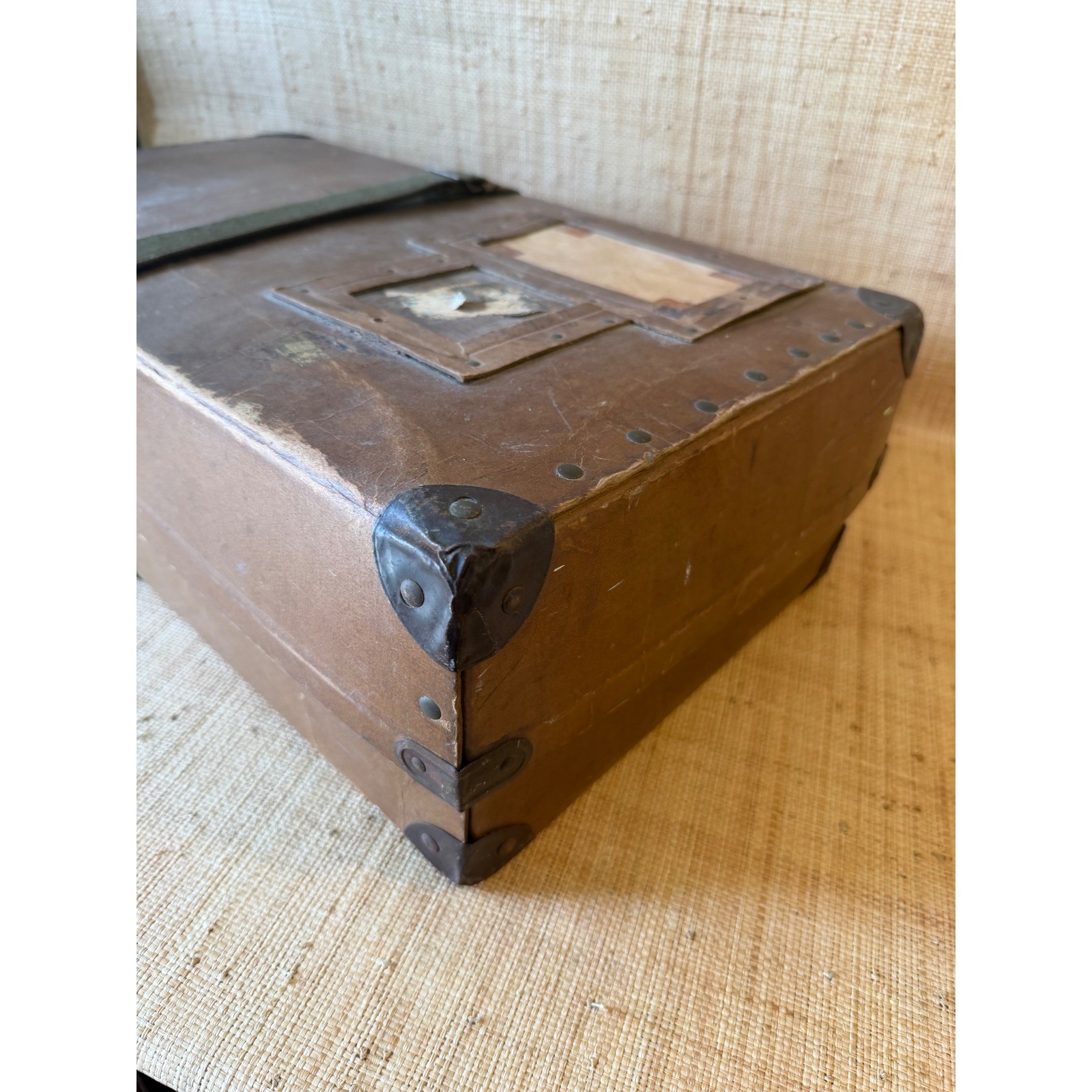 Vintage Fiberboard Shipping Trunk Mailing Case Metal Corners Canvas Strap Brown