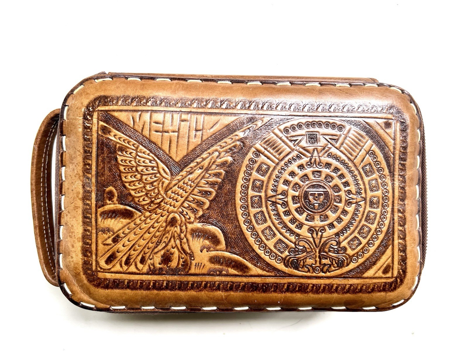 Antique Vintage 1930s Tooled Leather Toiletry Bag Great Condition Tiki Men Box
