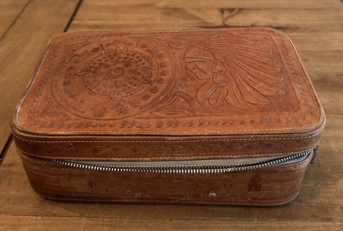 True Vintage Hand Tooled Zipper Leather Train Case Cosmetic Bag