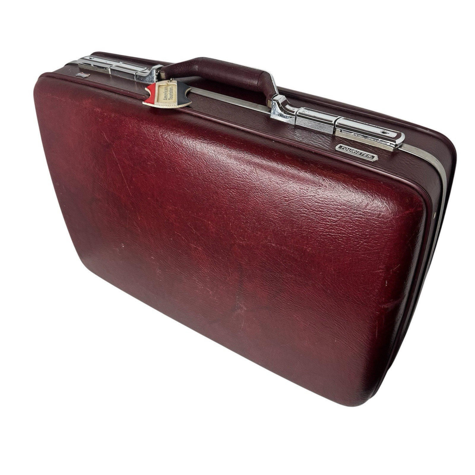 Vtg American Tourister Hard Shell Suitcase Maroon Burgundy With Original Tag