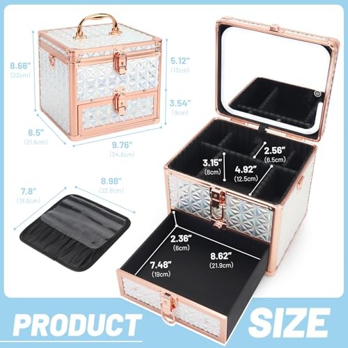 Makeup Case with Drawer, Detachable Lighted LED Mirror, Travel Sparkling White