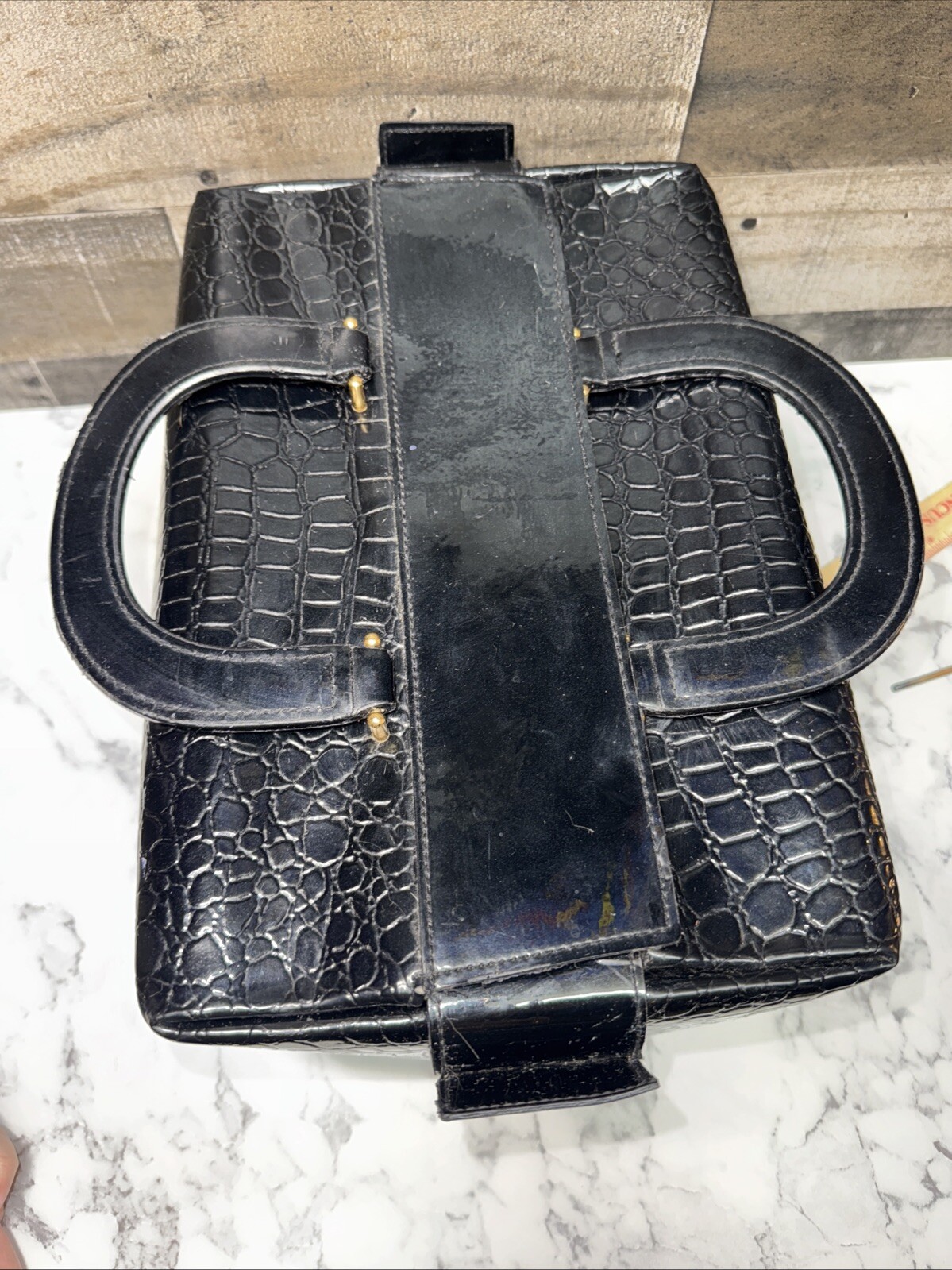 CB Vintage Crocodile Patent Leather Makeup Train Case Black