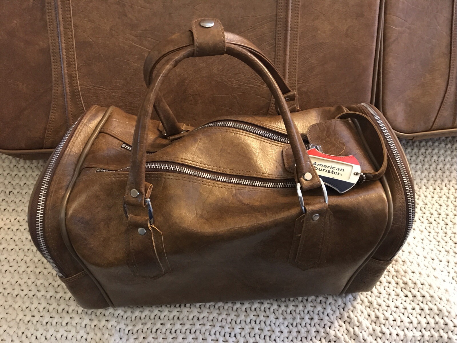 Vtg American Tourister 4 Piece Luggage Set Mustang Brown Soft Keys Boxes Nice