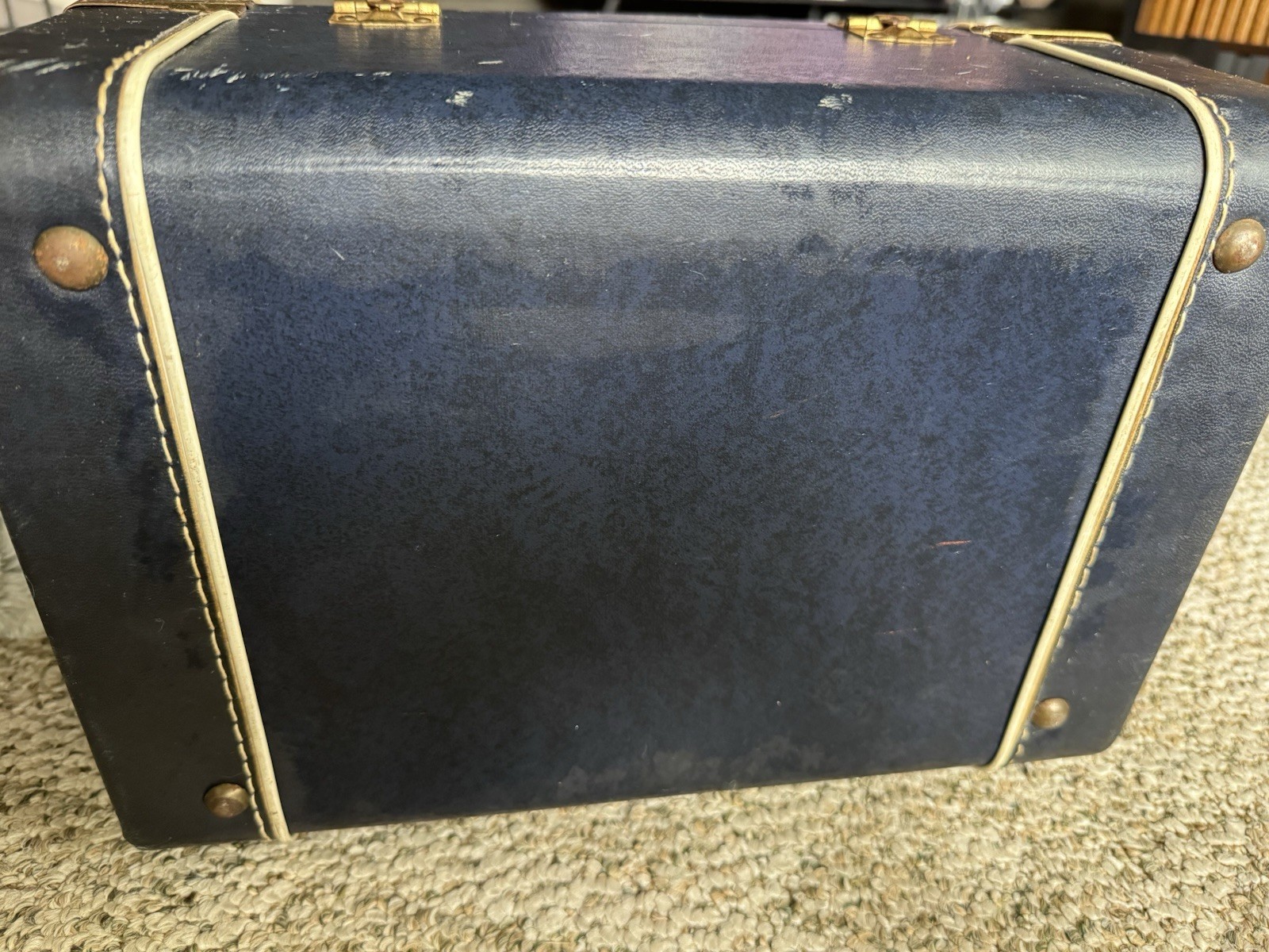 Car-Lite Vintage Hard Vanity Case Navy Blue Lock Key Brass Hardware