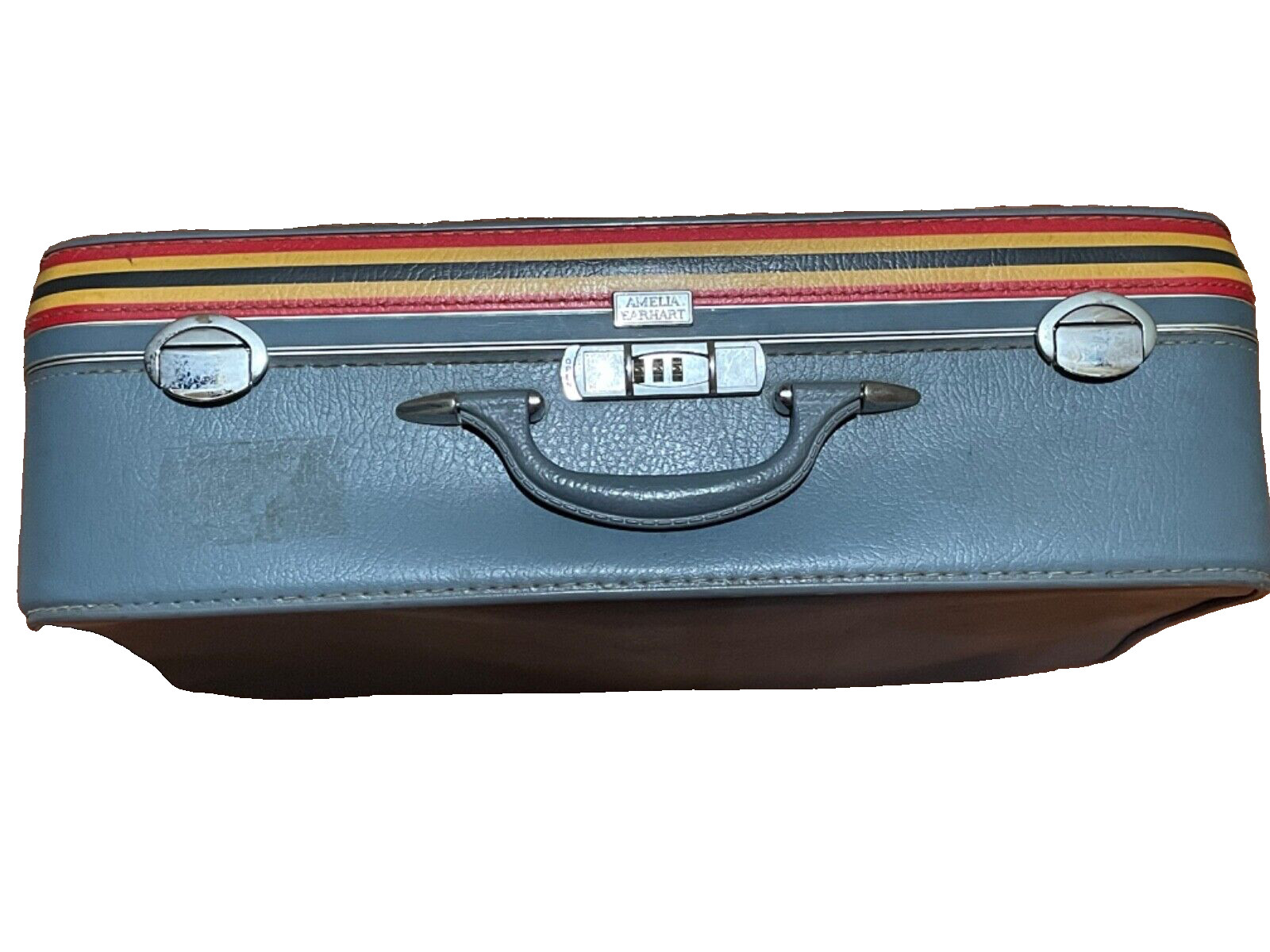 Rare Find Vintage AMELIA EARHART Blue Travel Luggage W/Yellow, Black, Red Stripe