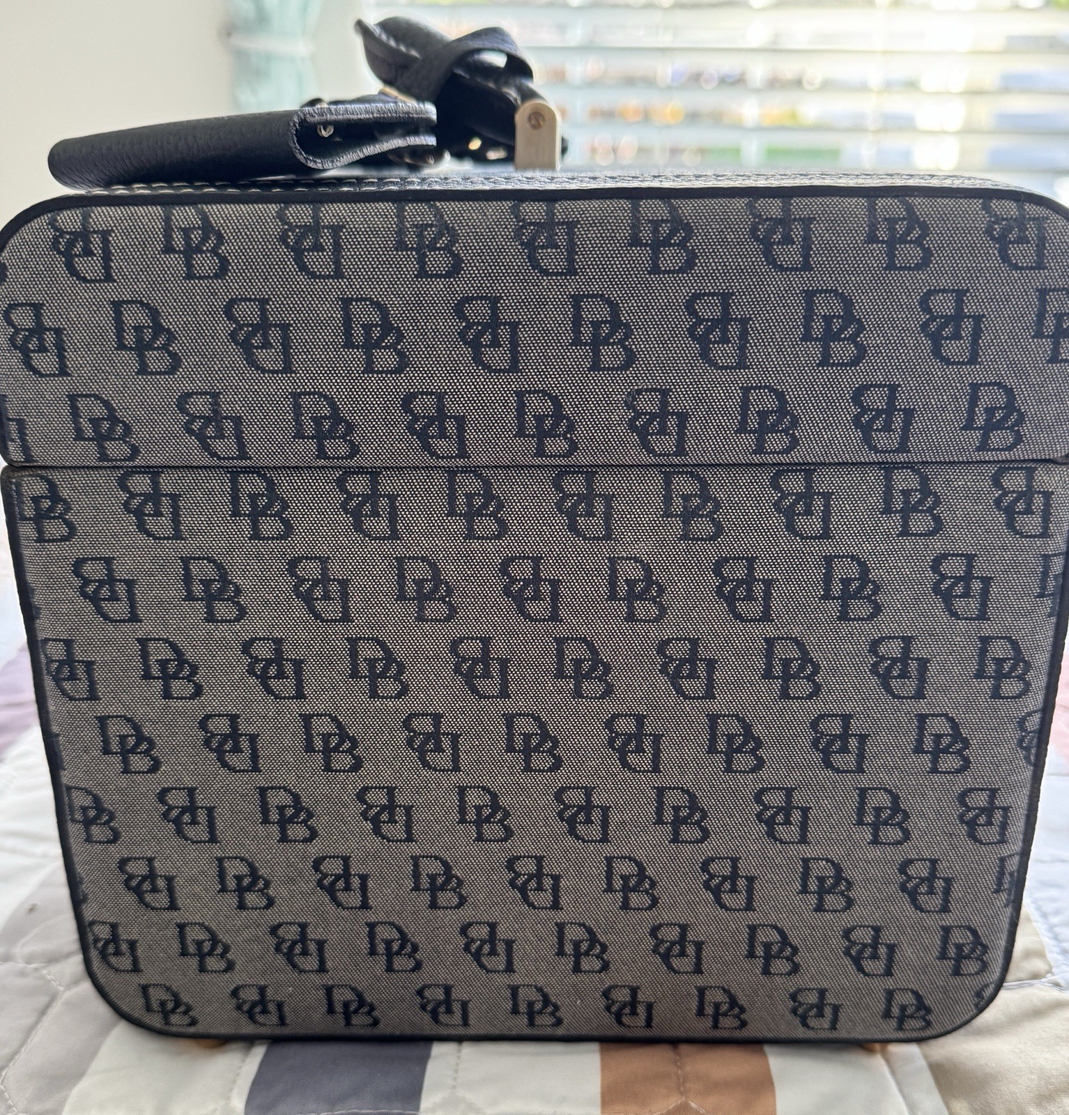 Vintage Dooney And Bourke Monogram Canvas Train Case Vanity Box Black And Gray
