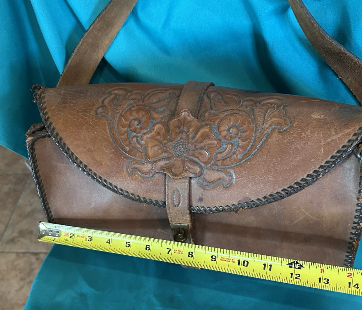 Vtg 1940s Hand Tooled Leather Western Style Travel Luggage Valise Bag X Large