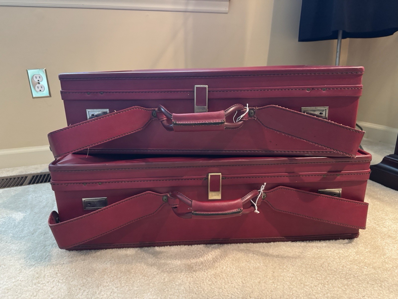 Vintage Hartmann Red Leather Hard Case Suitcase Set (2) Wood Frame Retro Luggage