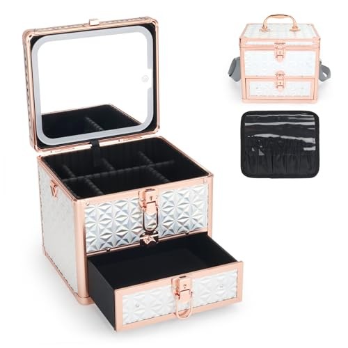 Makeup Case with Drawer, Detachable Lighted LED Mirror, Travel Sparkling White