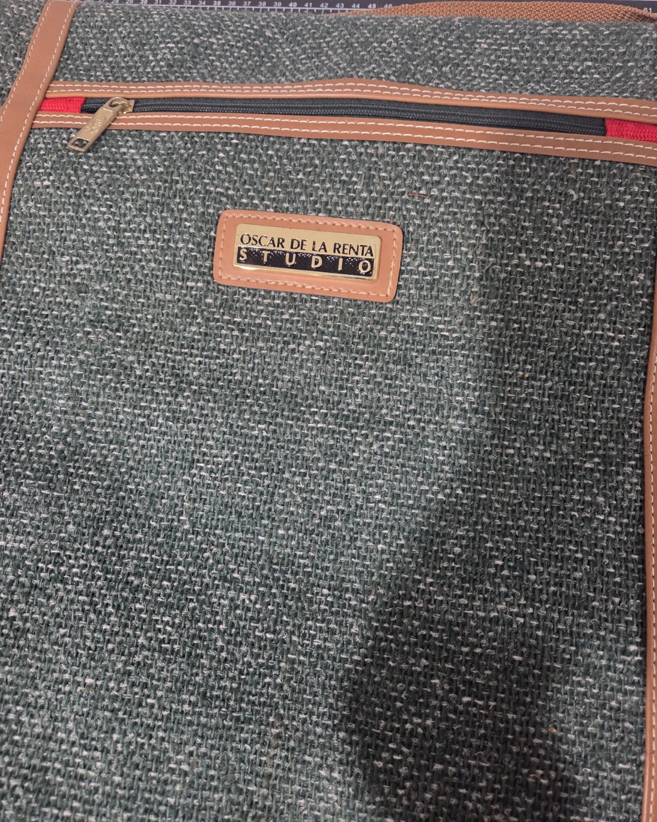 Vtg Oscar De La Renta Tan Green Tweed Folding Garment Bag Designer Luggage NWT