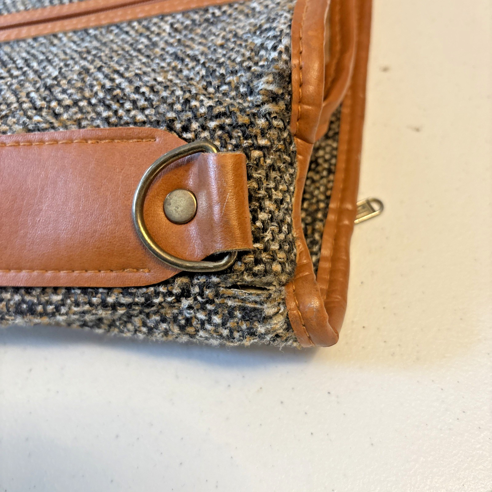 Amelia Earhart Luggage 1994 VTG Tweed & Tan Leather Garment Bag 44 X 22 Rare