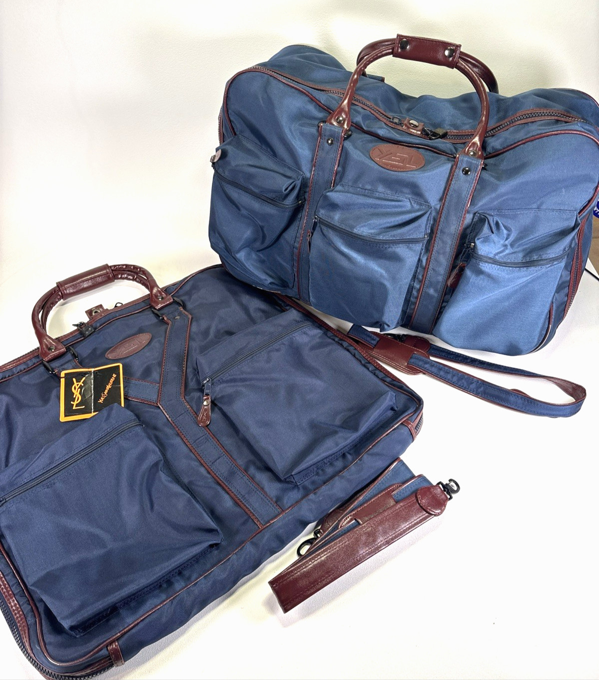 Vintage Yves Saint Laurent 2-Piece Travel Set Navy Nylon Duffel Garment Bag⁠
