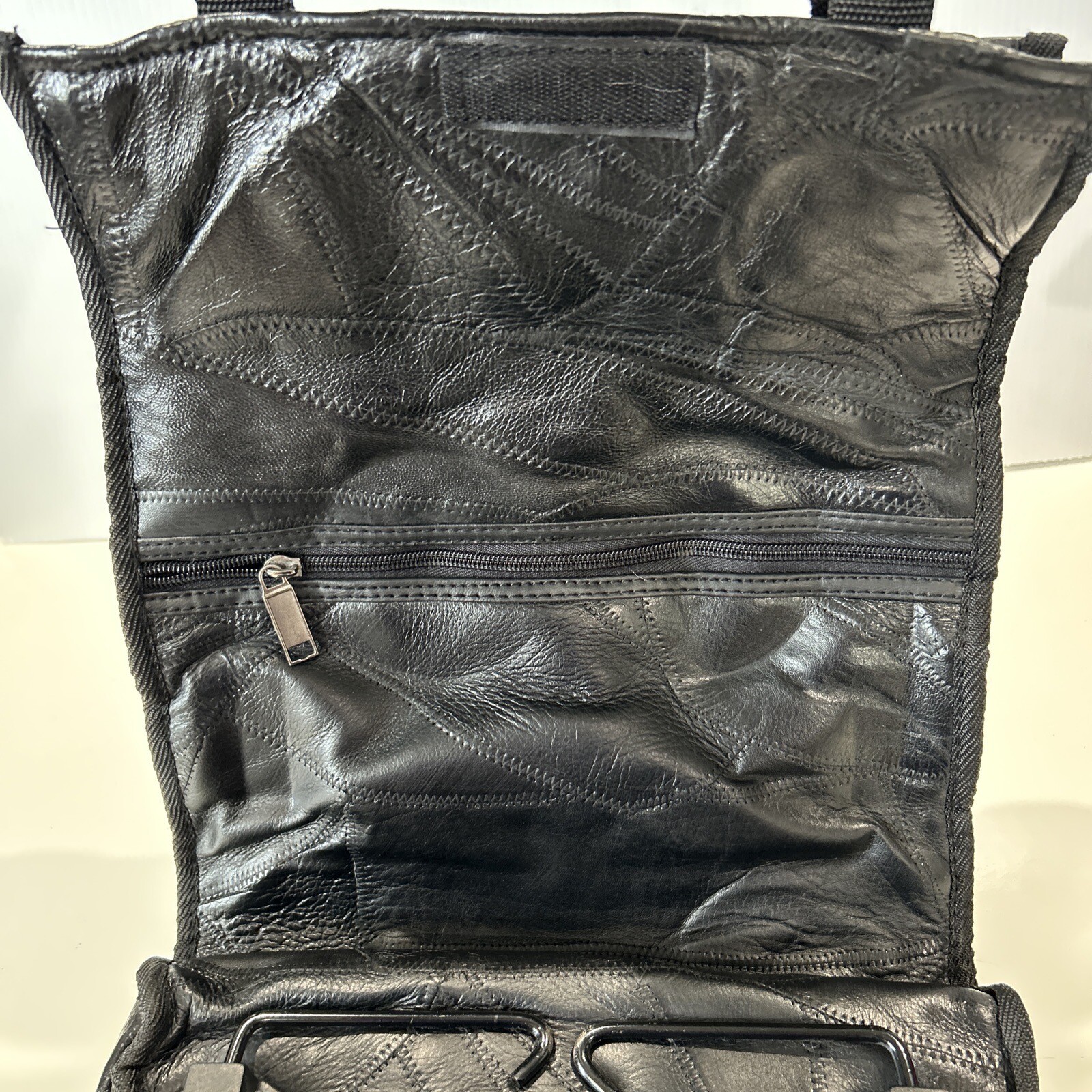 Vintage Black Patchwork Leather Wheeled Fold Down Tote Bag Carry On Luggage