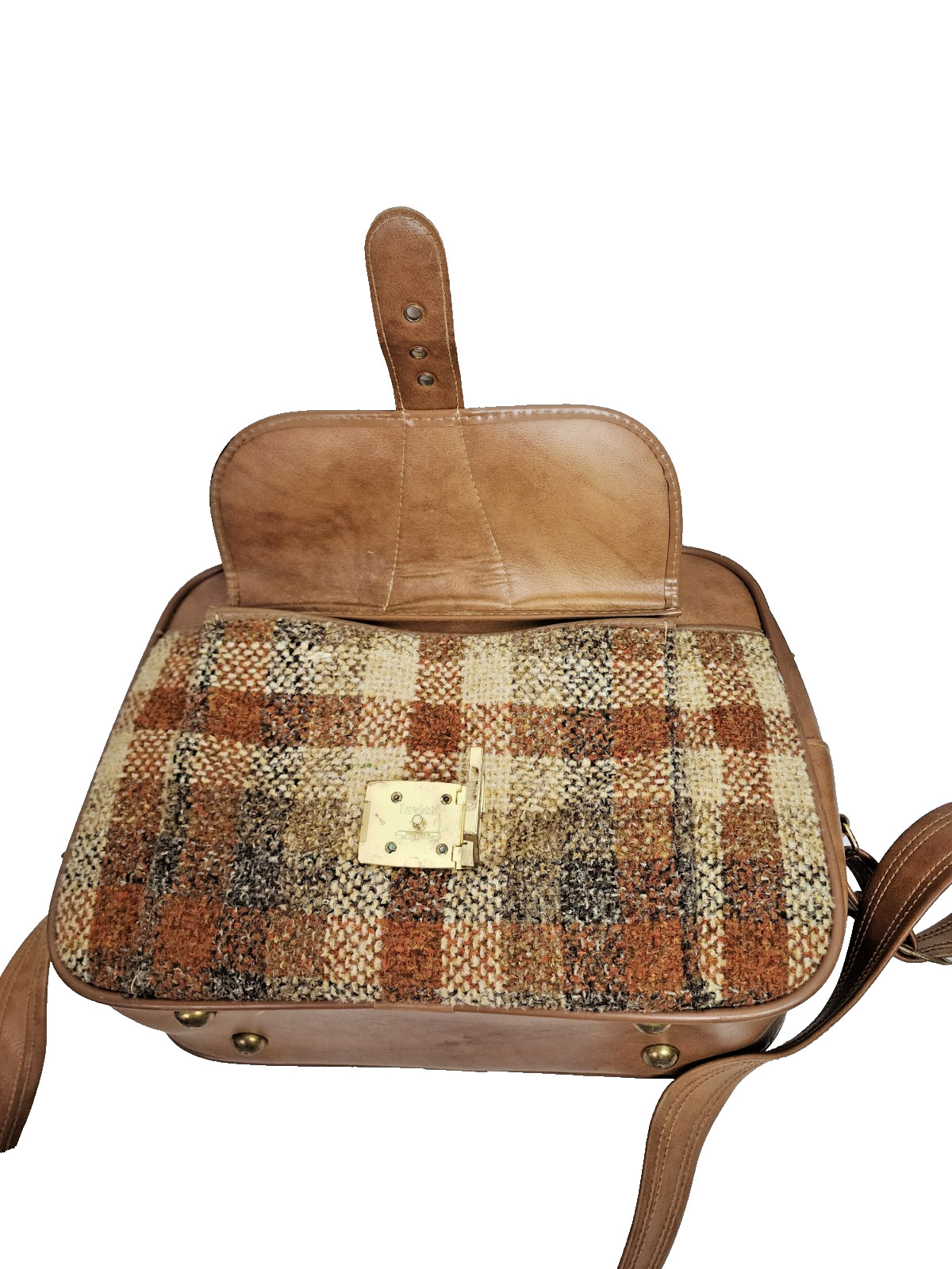 Vtg Invicta Plaid Tweed Leather Carry On Duffel Shoulder Bag Weekender Brown 16″