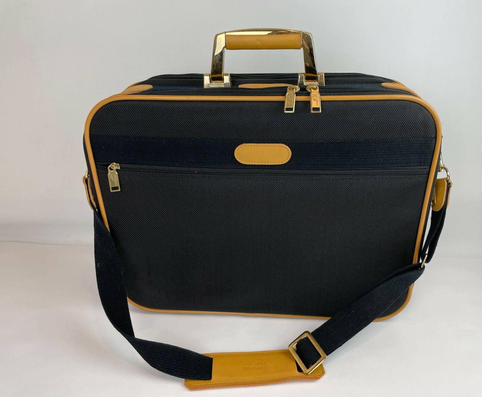 Vtg London Fog Carry On Overnight Suitcase Briefcase Shoulder Strap Black Tan