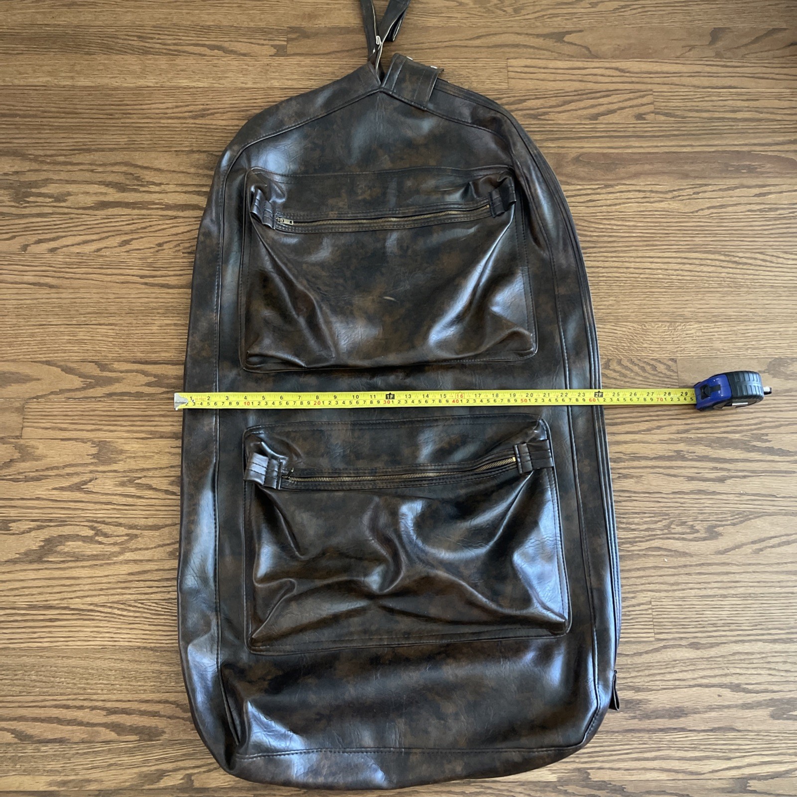 Vintage Luggage Faux Leather Garment Bag Suit Carrier Dark Brown Fabric Lined