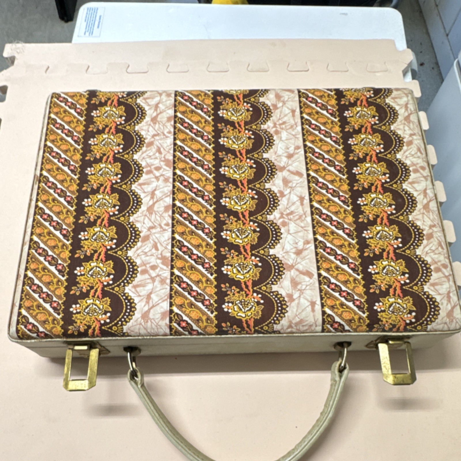 1970s Vintage fabric briefcase Brown Floral Vinyl Fabric Extra Compartments