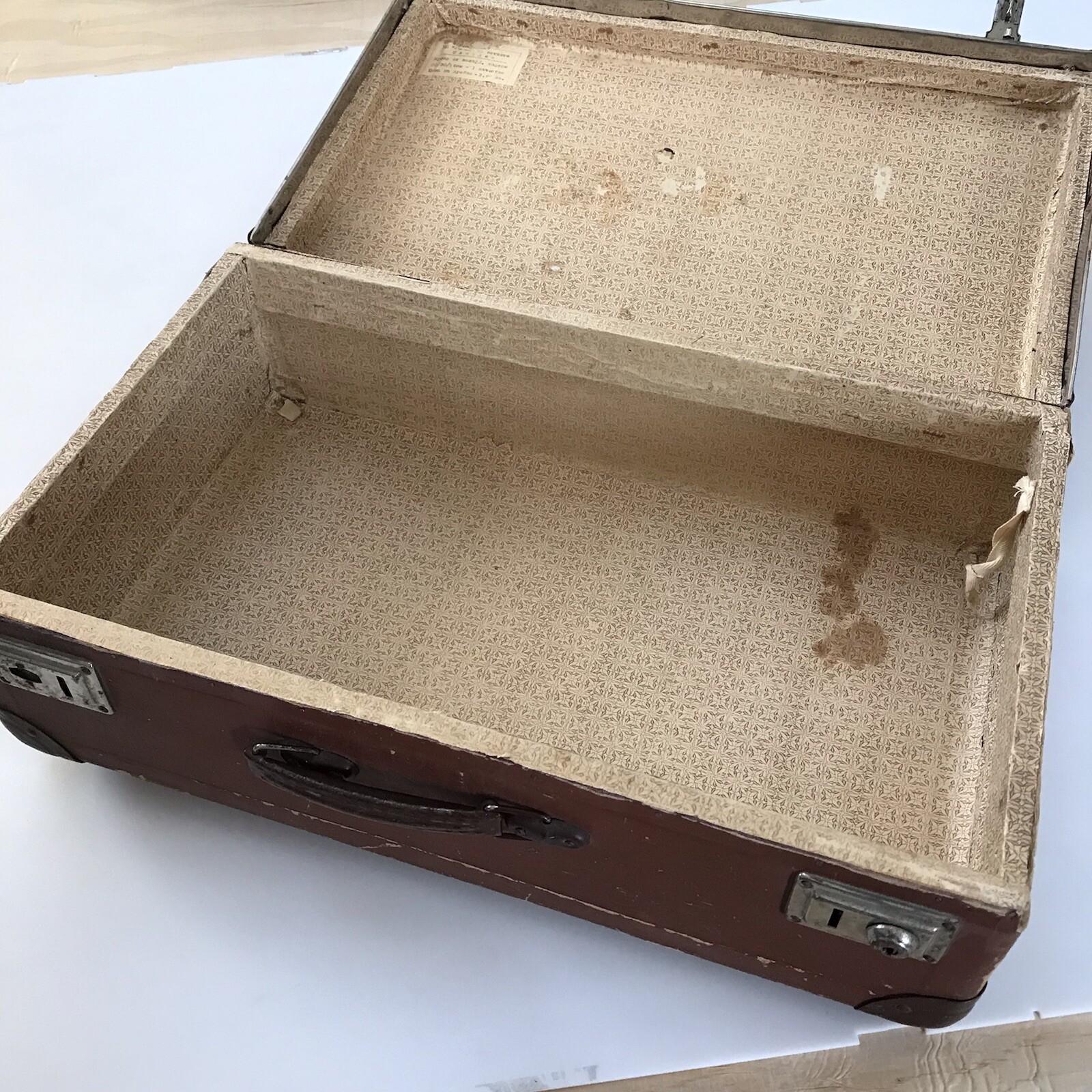 Vintage Brown Hard Shell Suitcase 1960s Paper Lockable MCM Decor Eastern Europe