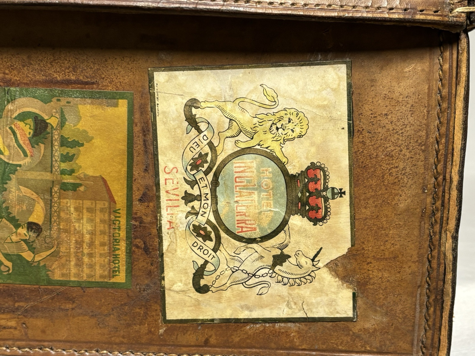 Antique English Leather Suitcase With Hotel Labels