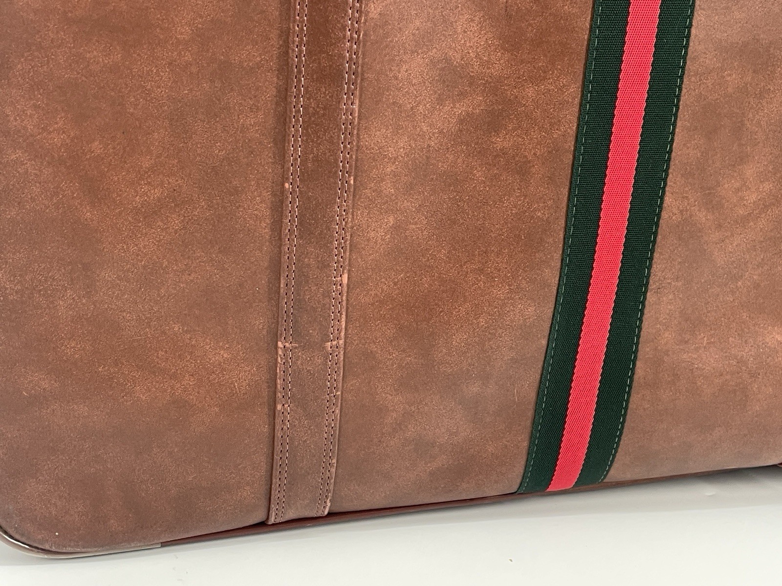 Vintage Faux Leather Carry-On Suitcase Brown Green Red Stripe Retro Korea
