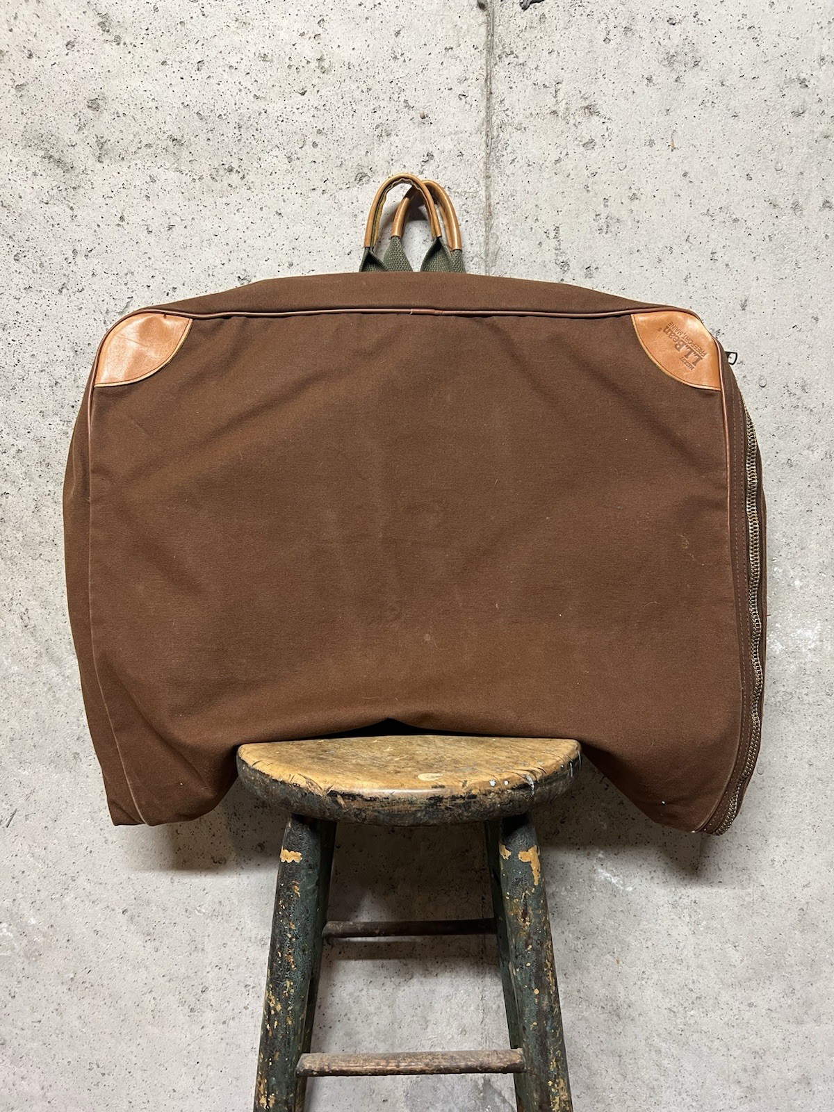 Vintage 1990s 1980s LL Bean Brown Canvas Garment Bag Scovill Zip Leather Handles