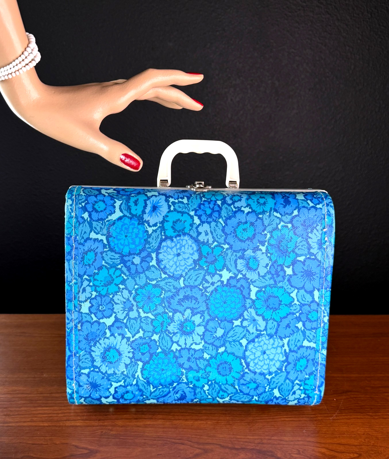 Vintage 1960s blue floral case small turquoise child’s hard suitcase train