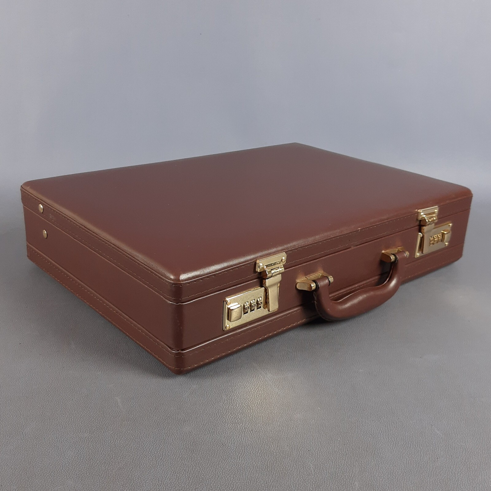 Brown Brass Leather Suitcase Double Closure Work Code 24 Hour Vintage