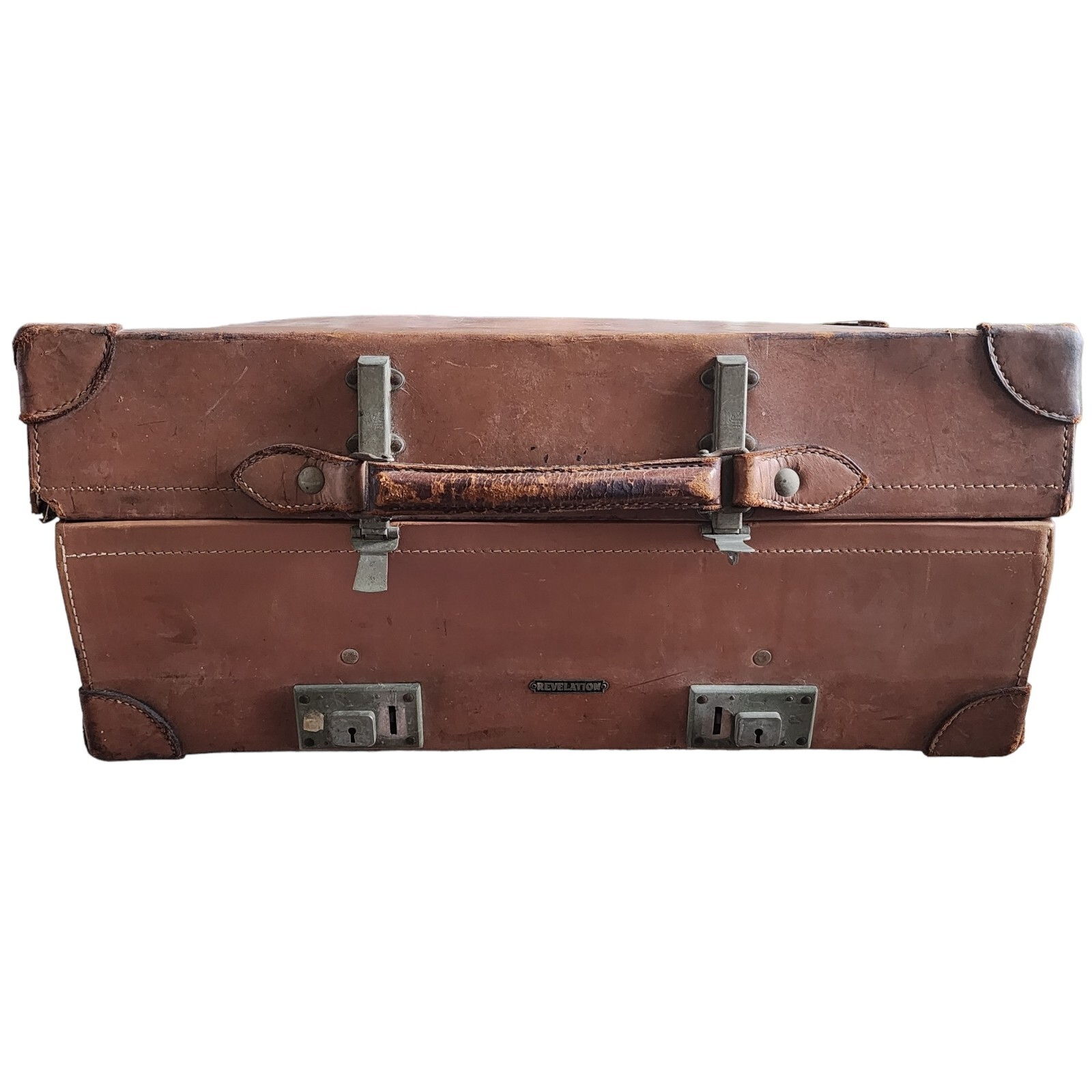 Antique Edwardian Leather Suitcase w/ Original Travel Stickers | 24″ x 15″ x 7″