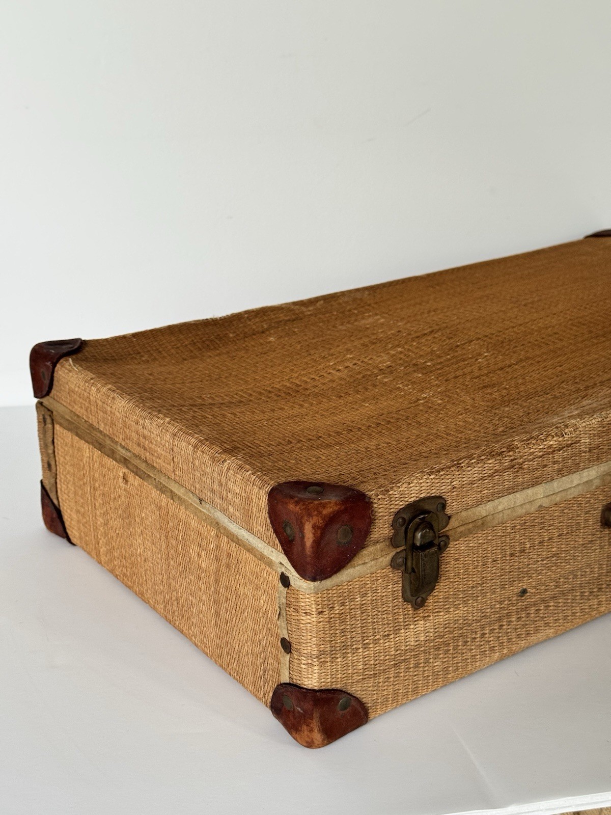 rare antique 19th century handmade woven wicker leather brass travel suitcase