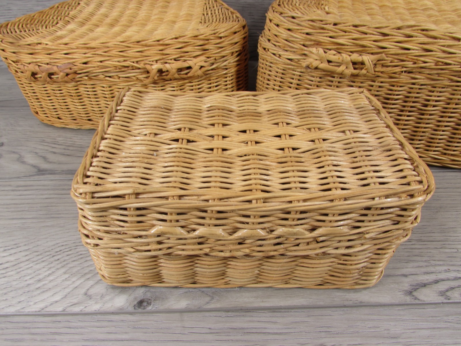 Vintage Woven Rattan Wicker Carrying Cases Suitcases Boho Chic Decor Set of 3