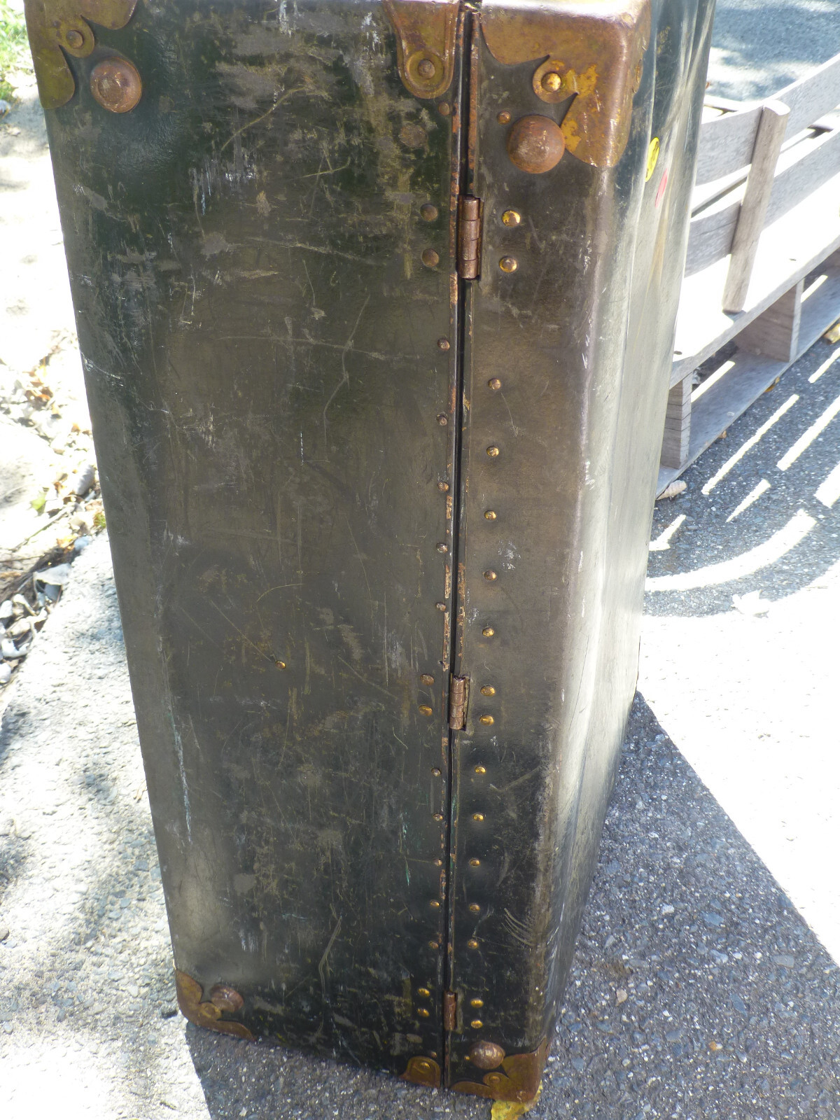 Antique Suitcase/Trunk Metal with Wooden Interior Brass Corners Leather Handles