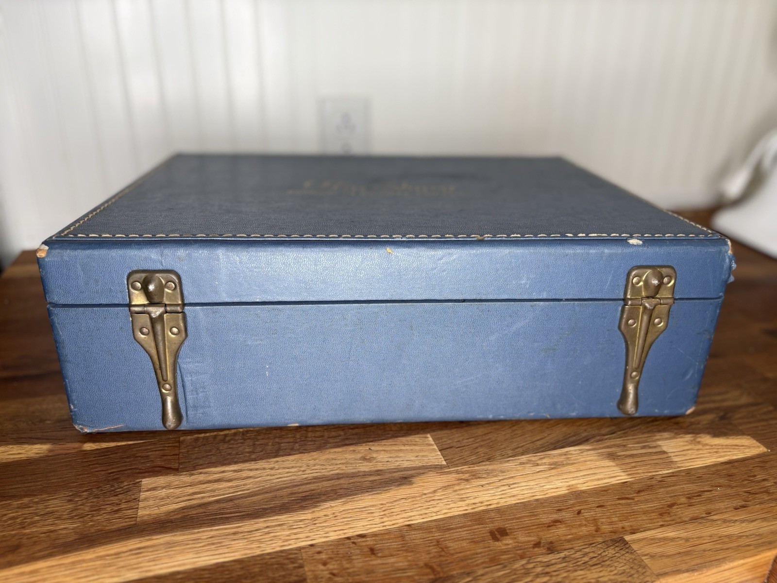 Vintage 1950s Harrisburg Beauty School Blue Hard Case Suitcase Polka Dot Lining