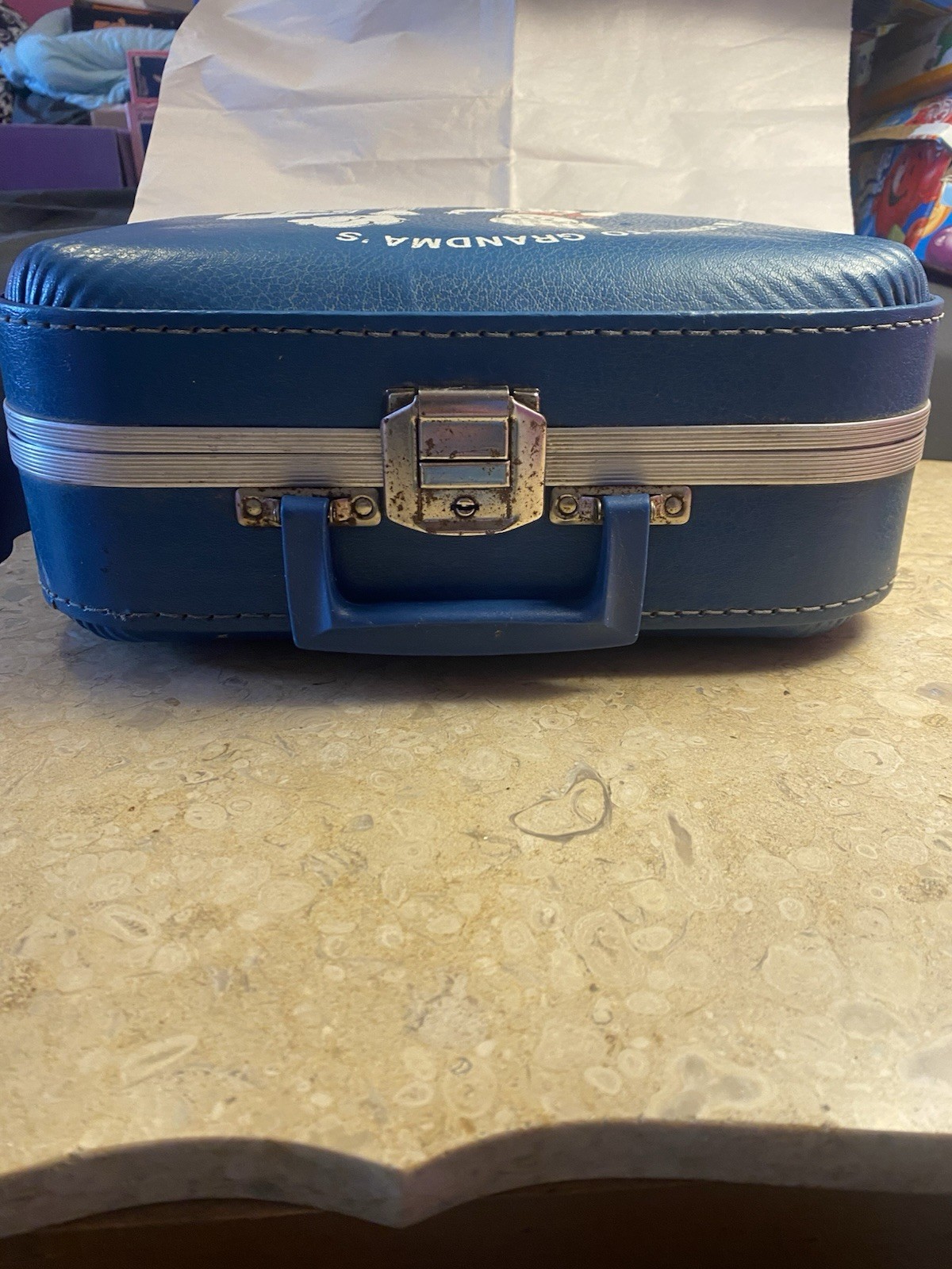 VTG Mid Century Blue Hard Sided “I’m Going To Grandmas” Suitcase