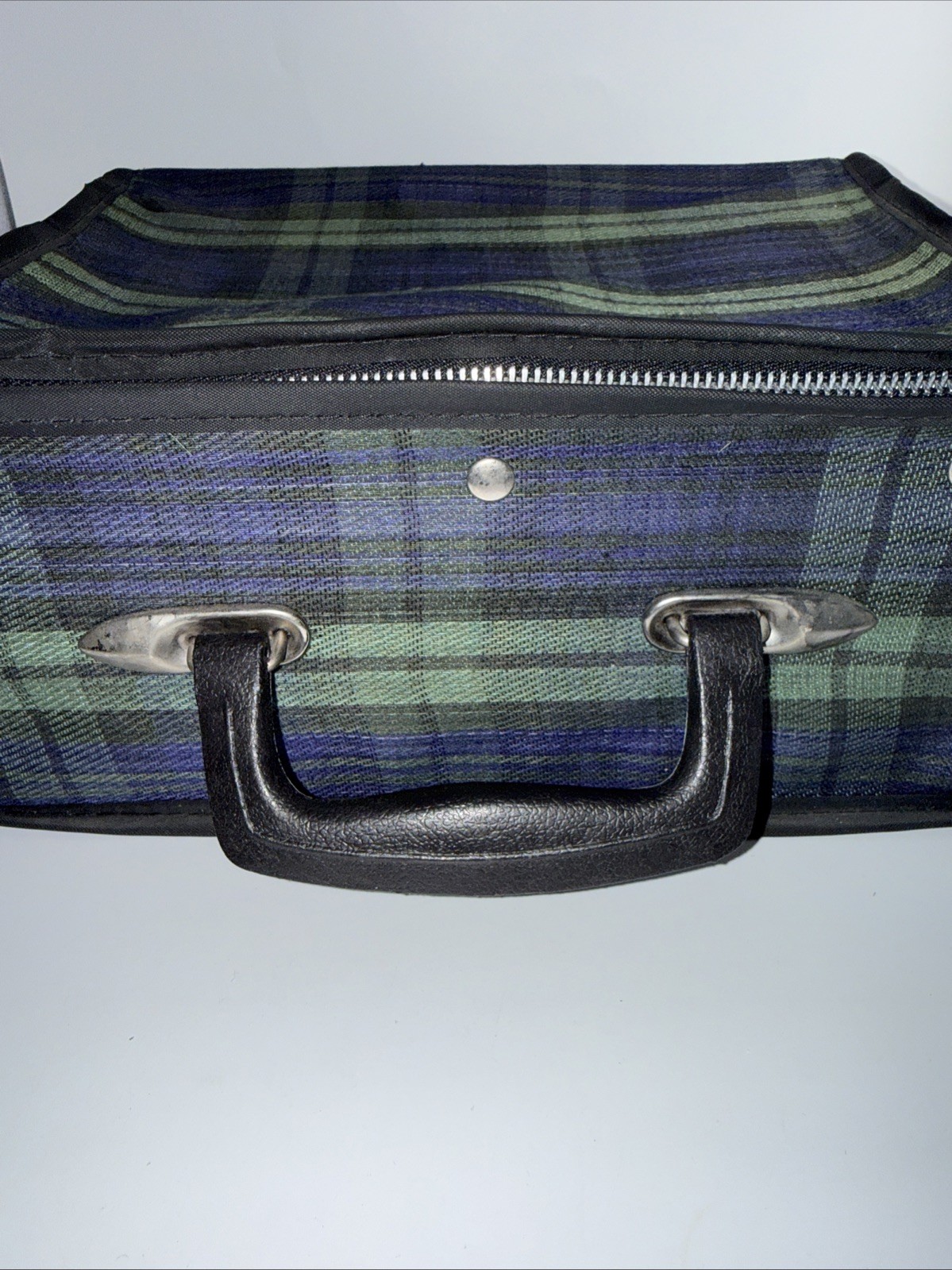 Vintage Mid Century 1970s Blue And Green Plaid Suitcase Dolls Grandmas 10” By 13